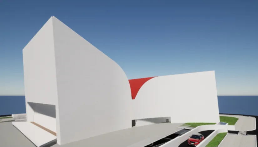 A imagem mostra o projeto do Centro de Eventos Oscar Niemeyer.