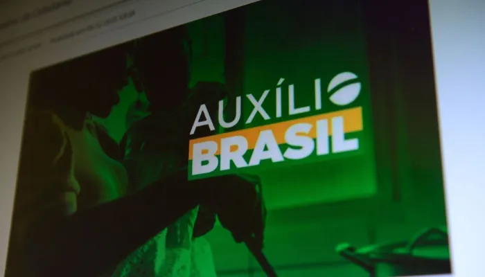 A imagem mostra uma tela de computador com uma foto, com filtro verde, de uma mulher segurando uma criança enquanto cozinha. O texto "Auxílio Brasil" está escrito do lado direito da imagem.