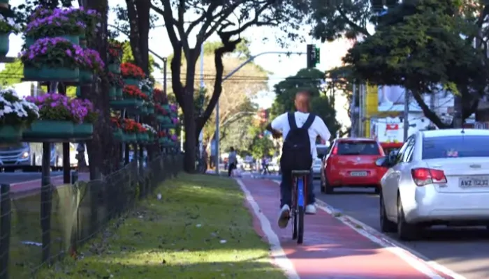 Na imagem há um ciclista andando na ciclovia e, ao seu lado, as ruas aparecem repleta de carros.