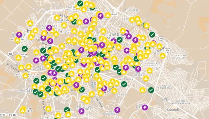 Mapa interativo apresenta pontos com árvores caídas em Maringá e andamento dos reparos