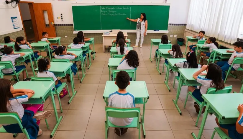 A foto mostra uma sala de aula. Uma professora está apontando para o quadro negro enquanto as crianças sentam nas filas de carteiras.