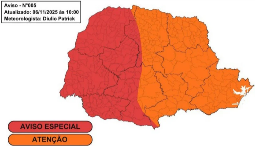 Simepar alerta para tempestades no Paraná nesta sexta (7); ventos podem ultrapassar 80 km/h